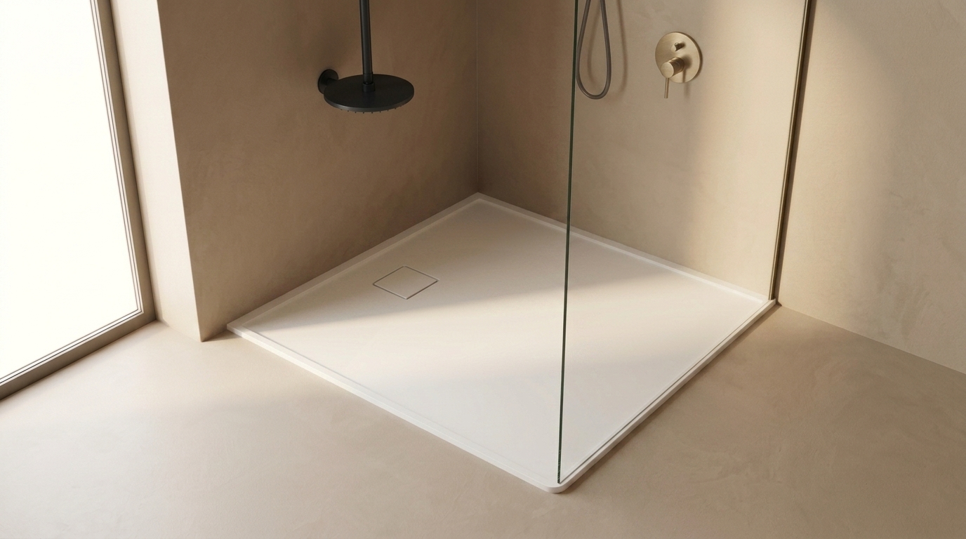Vergelijking van douchebakmaterialen: solid surface, acryl, composiet, keramiek en natuursteen naast elkaar