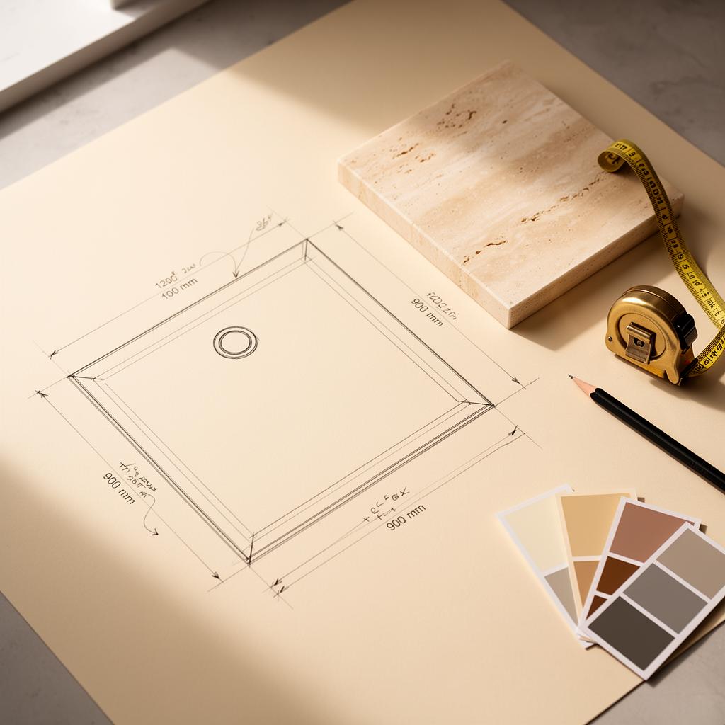 Schets van een douchevloer op maat met afmetingen, afvoerpositie en kleurstalen van Marlan Solid Surface