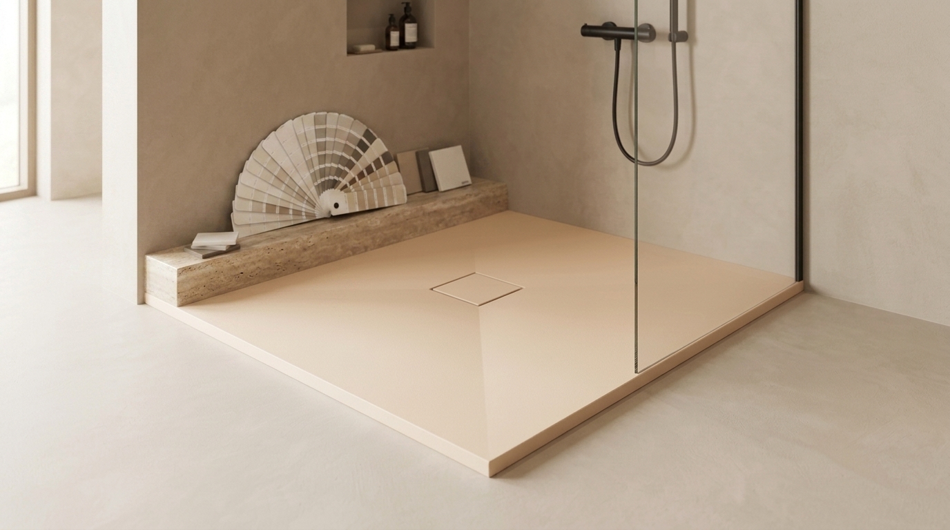 Doorsnede van een massief solid surface douchevloer, 24 mm, doorgekleurd en mat afgewerkt