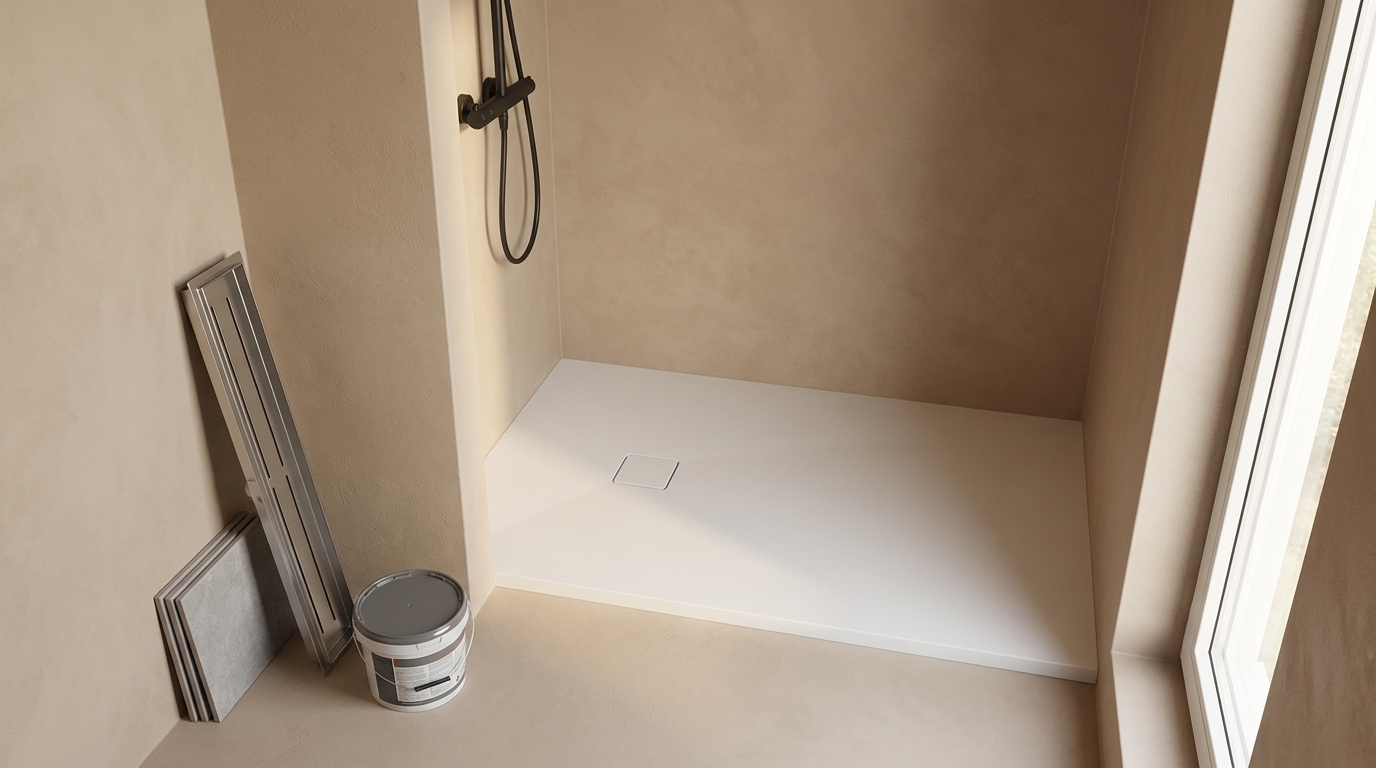 Renovatie van een douchehoek: een naadloze solid-surface douchevloer met kleur-gematcht afvoerkapje ligt al in de nis, terwijl een rvs douchegoot, een stapel tegels en een emmer tegellijm ongebruikt tegen de wand staan.