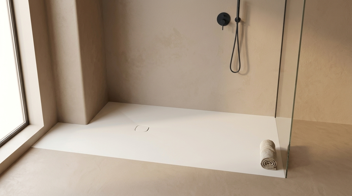 Solid surface douchevloer op maat met centraal afvoerkapje en matte afwerking