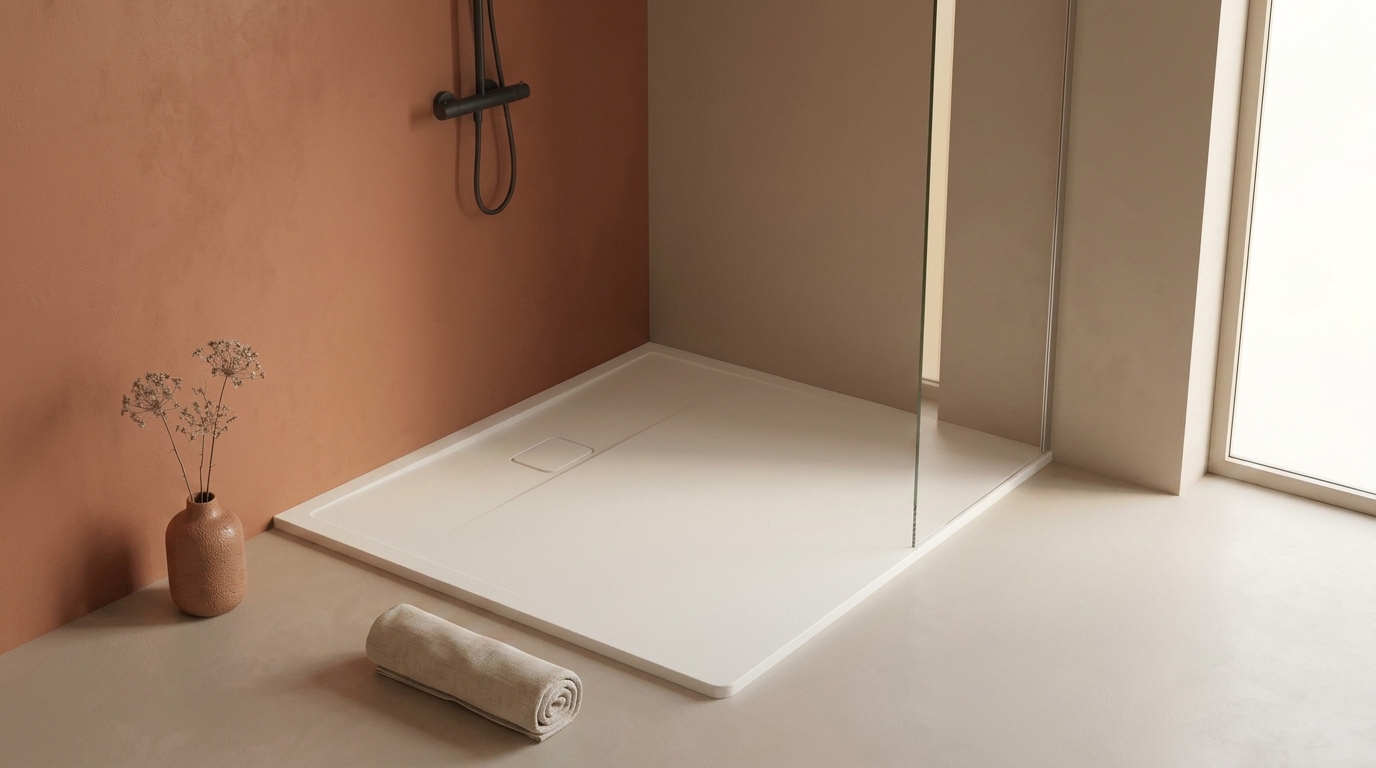 Naadloze solid surface douchevloer zonder voegen in een moderne badkamer