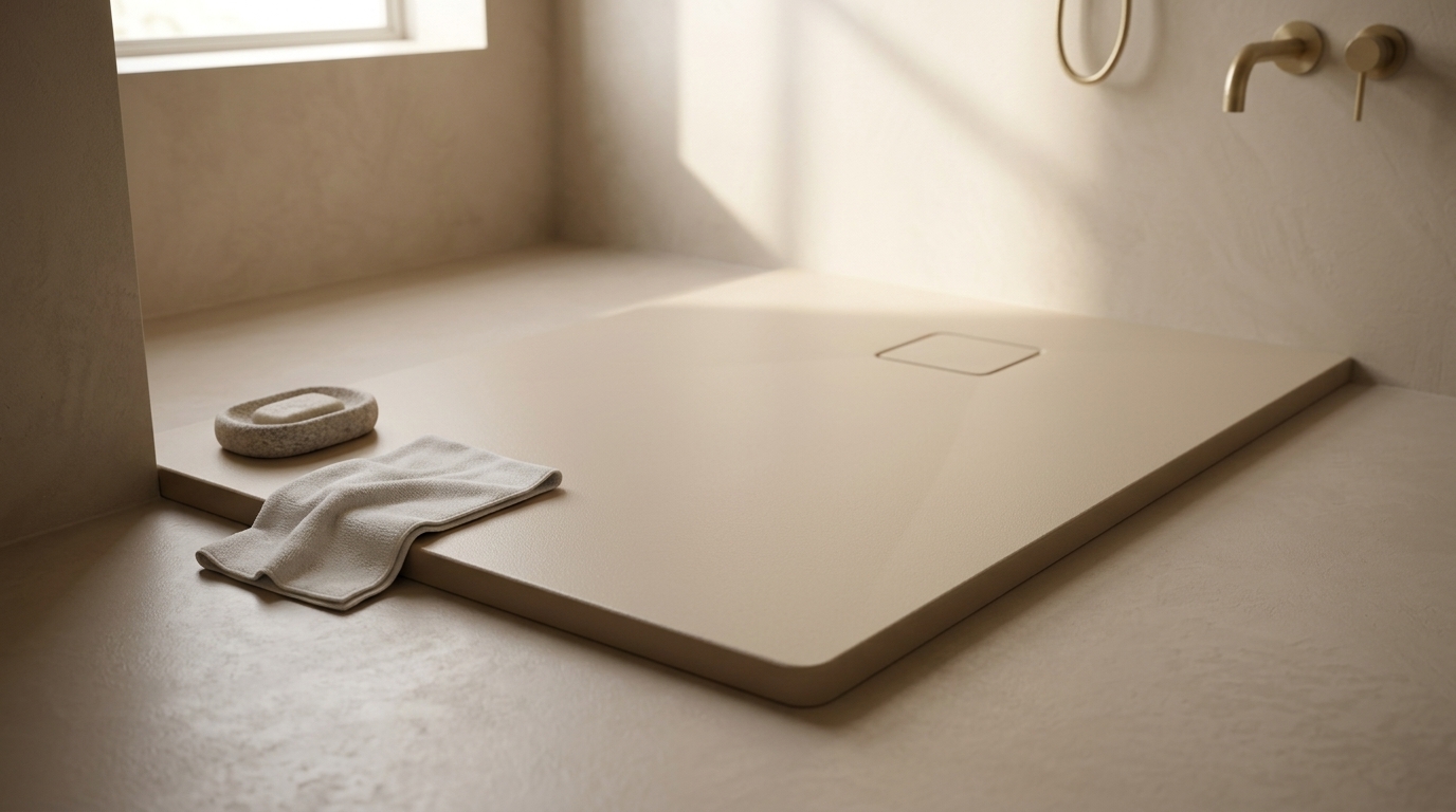 Matte solid surface douchevloer wordt schoongemaakt met een microvezeldoek