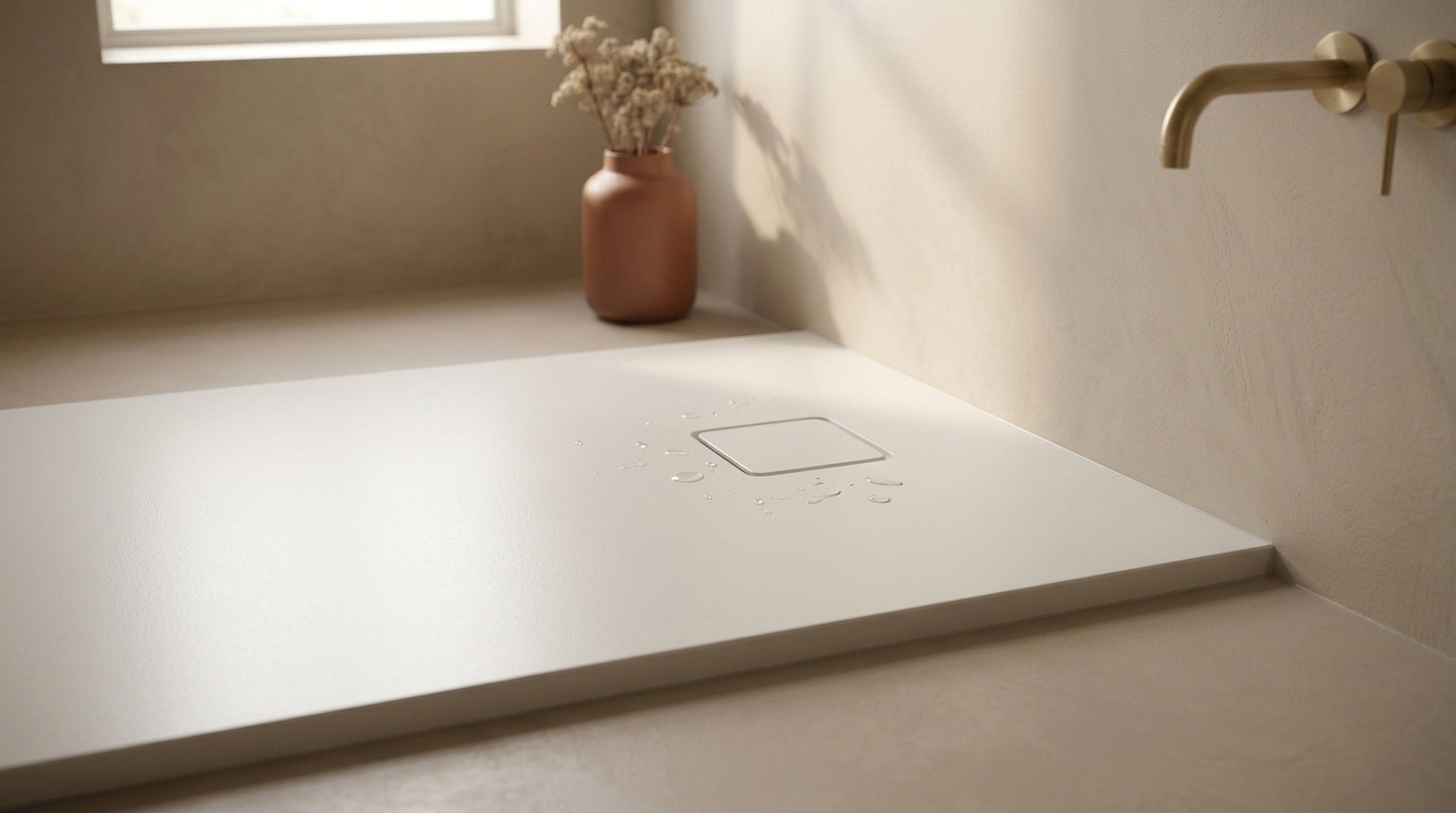 Naadloze solid surface douchevloer op maat in matte afwerking, uit één stuk