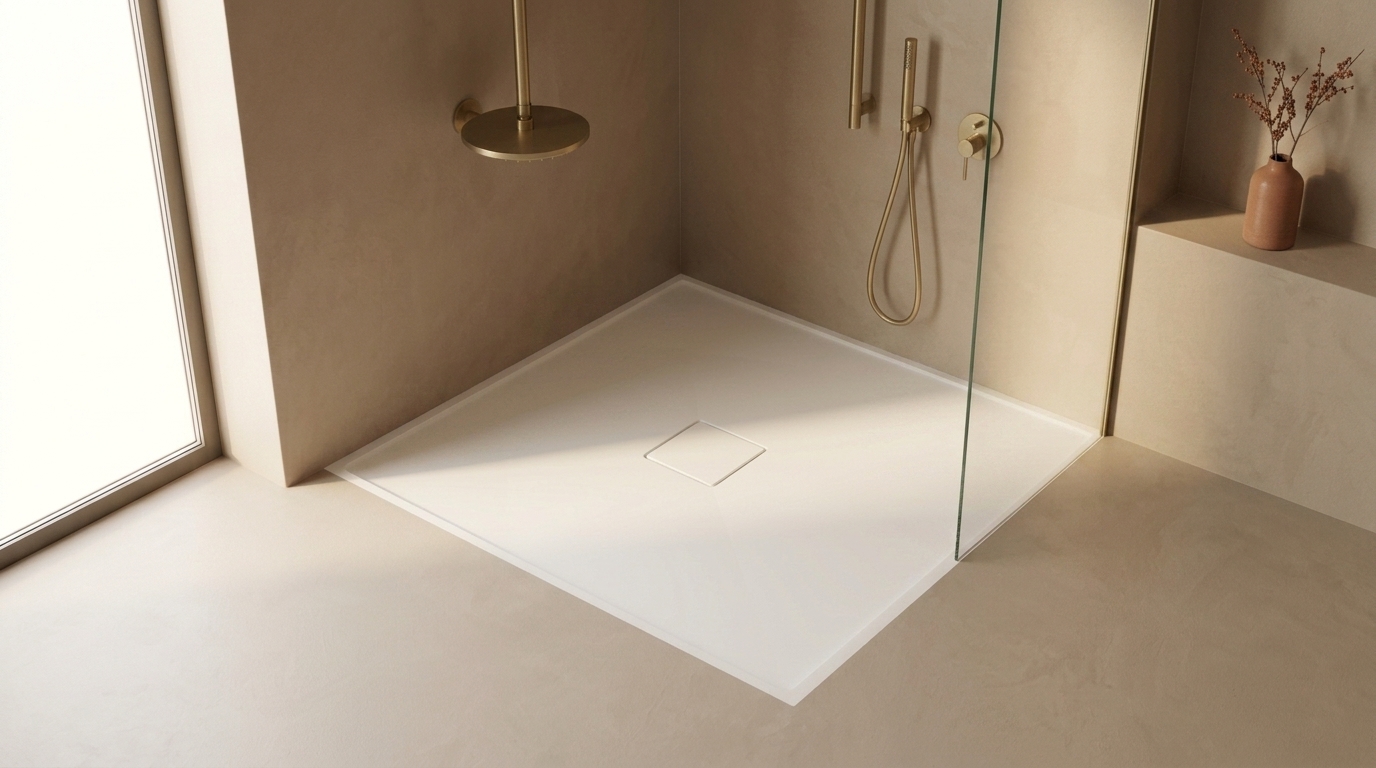 Solid surface douchevloer op maat in mat antraciet, naadloos uit één stuk