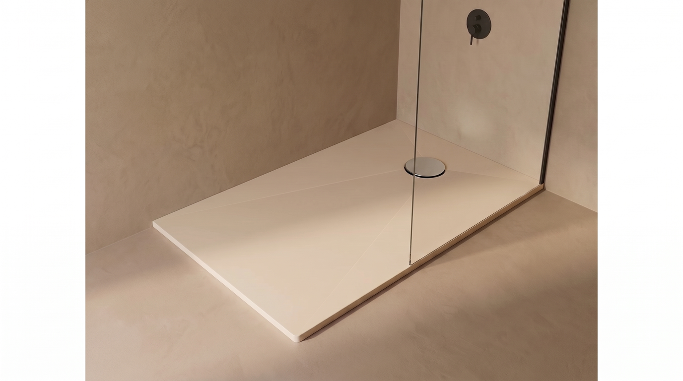 Marlan douchevloer 100×120 cm in Marlan-kleur Blanched Almond, met chromen doucheafvoer in het standaard Ø 90 mm afvoergat