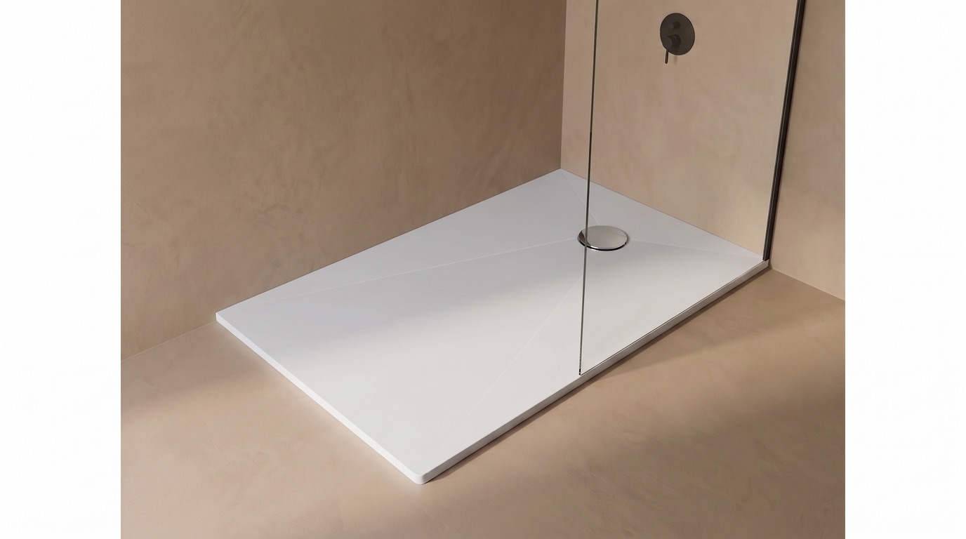 Marlan douchevloer 100×120 cm in Marlan-kleur Blossom White, met chromen doucheafvoer in het standaard Ø 90 mm afvoergat