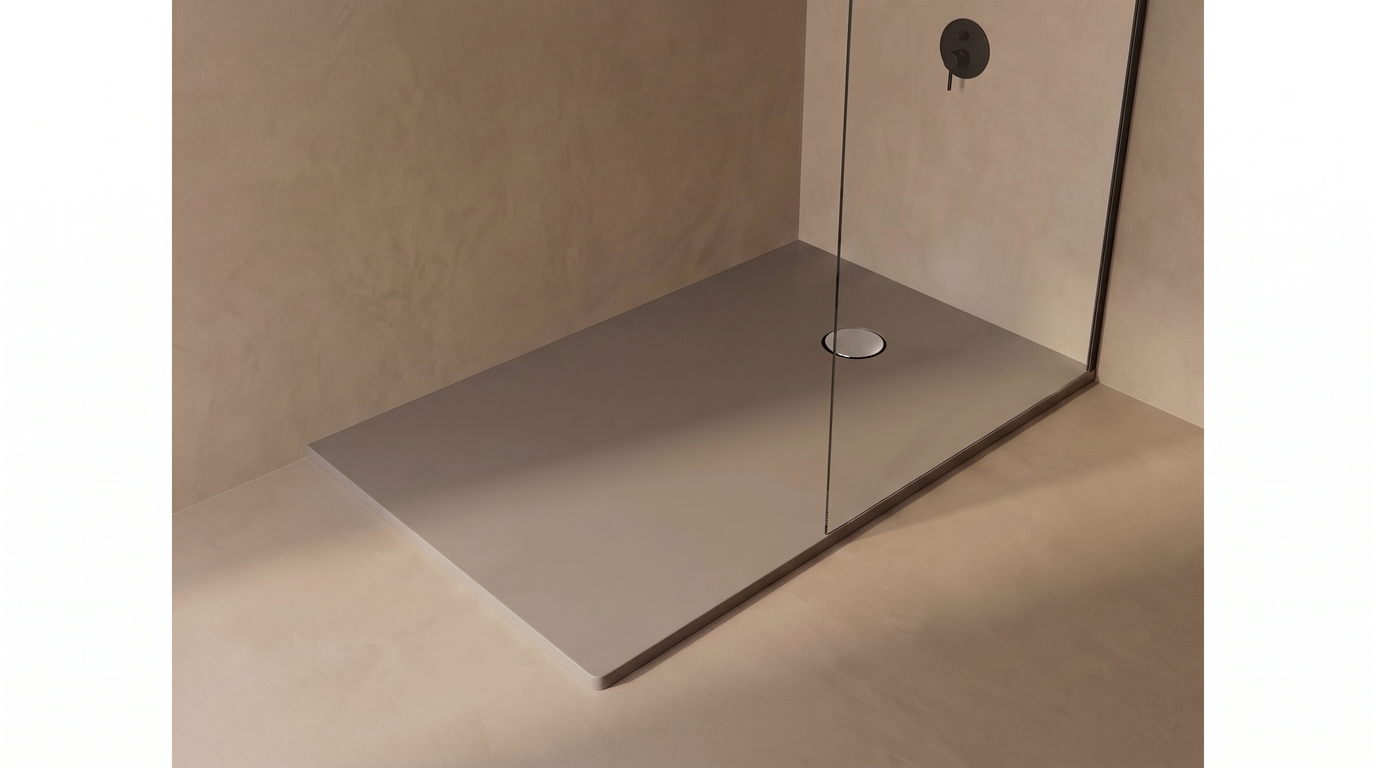 Marlan douchevloer 100×120 cm in Marlan-kleur Mocha Grey, met chromen doucheafvoer in het standaard Ø 90 mm afvoergat