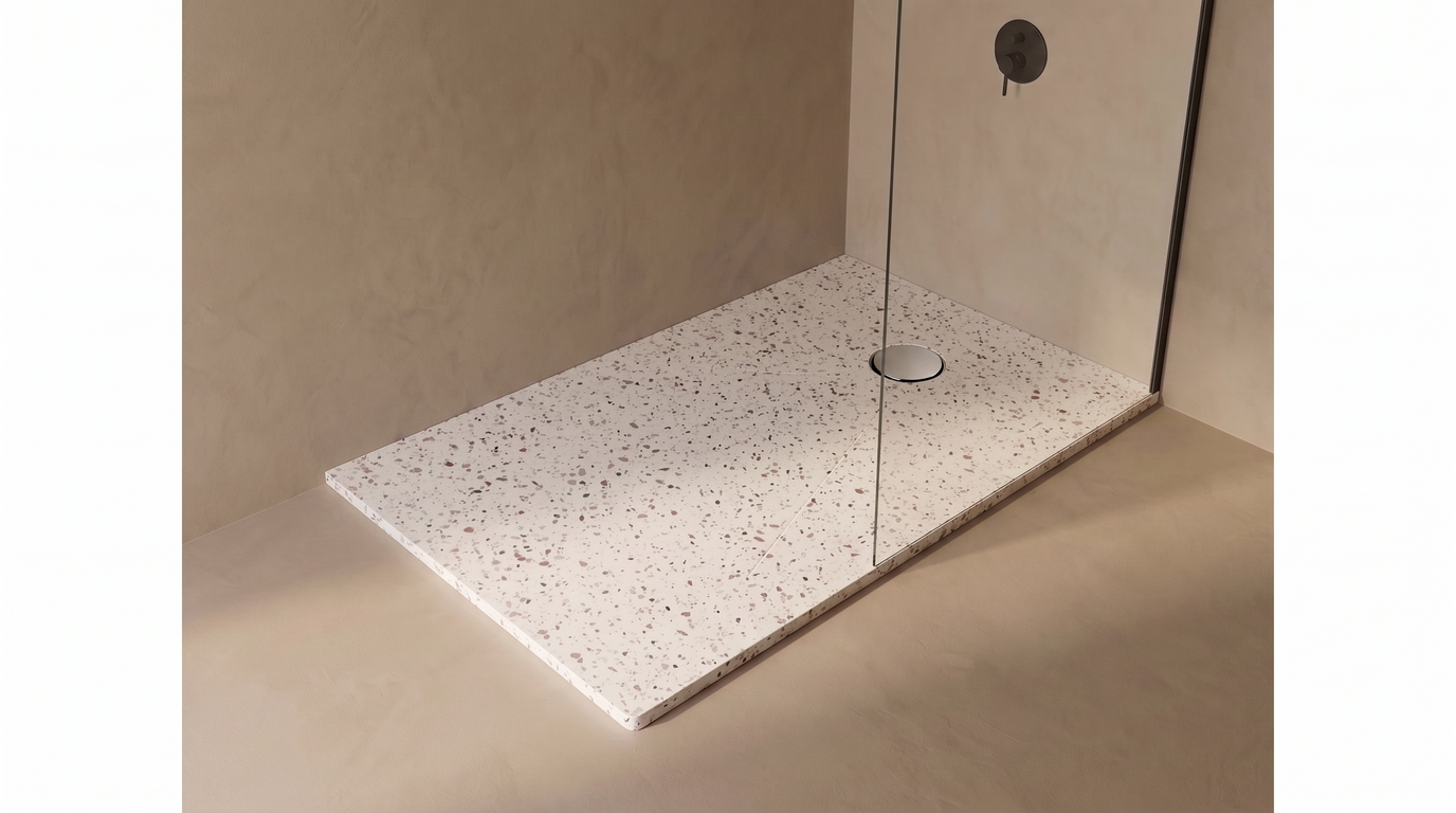 Marlan douchevloer 100×120 cm in Marlan-kleur Terrazzo Pink, met chromen doucheafvoer in het standaard Ø 90 mm afvoergat