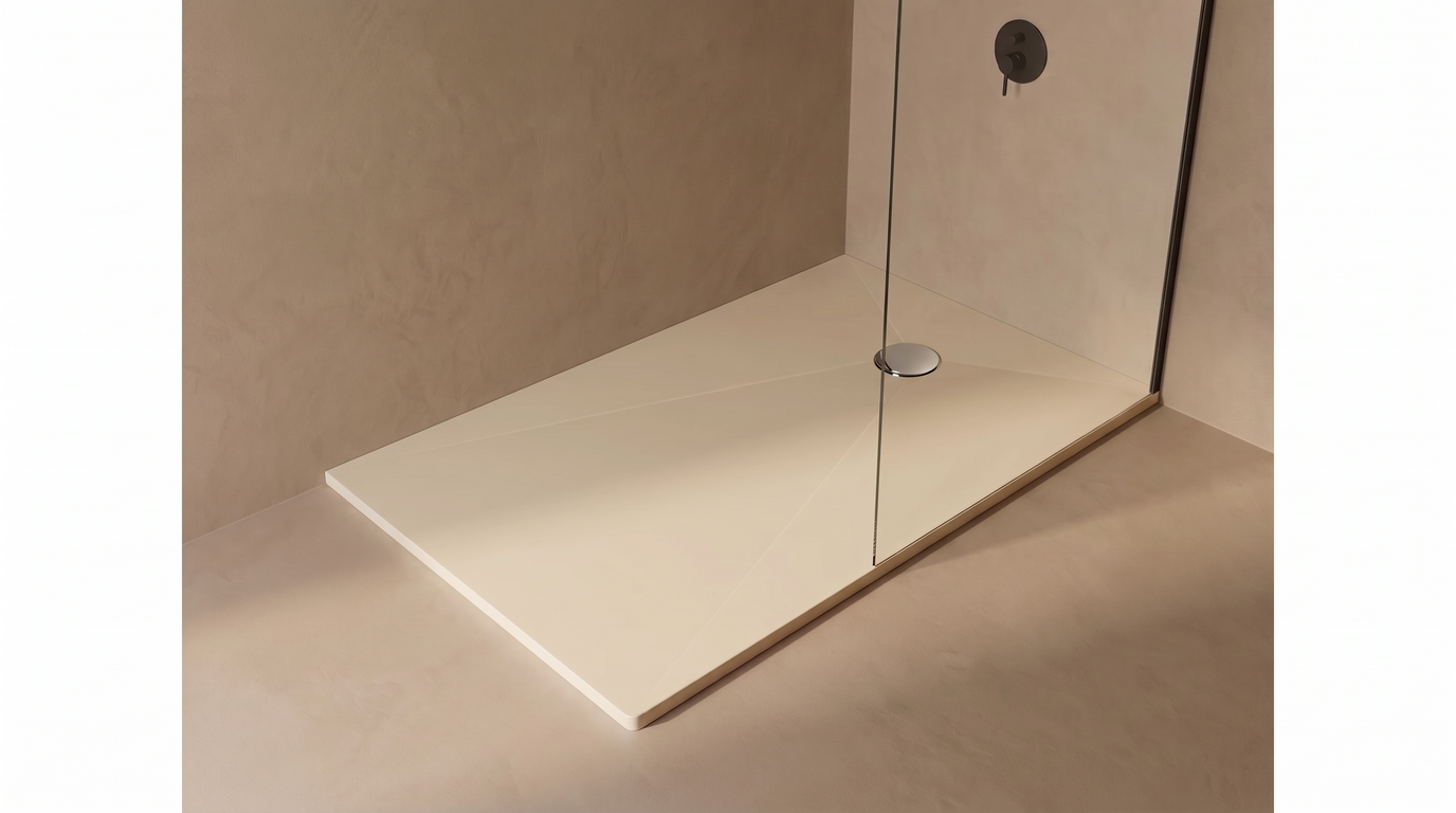Marlan douchevloer 100×120 cm in Marlan-kleur Vanilla Cream, met chromen doucheafvoer in het standaard Ø 90 mm afvoergat