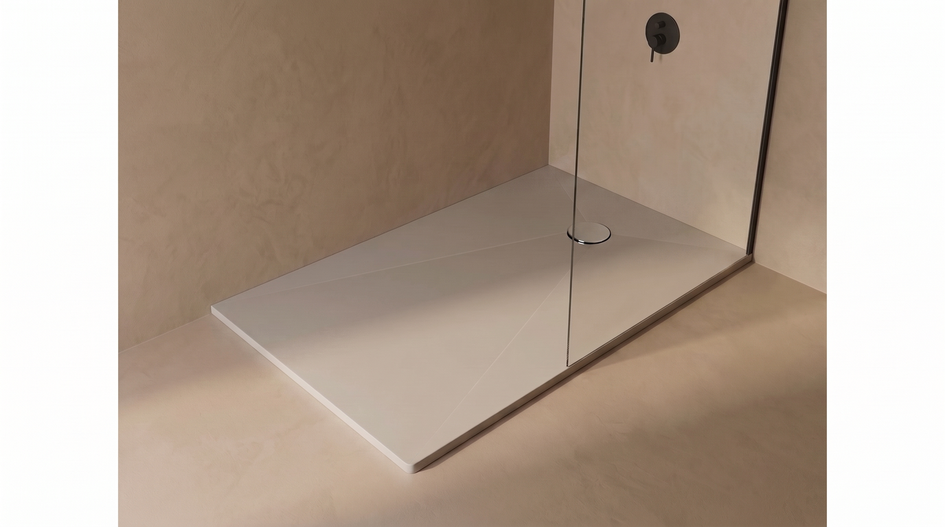 Marlan douchevloer 100×120 cm in Marlan-kleur Warm Grey, met chromen doucheafvoer in het standaard Ø 90 mm afvoergat