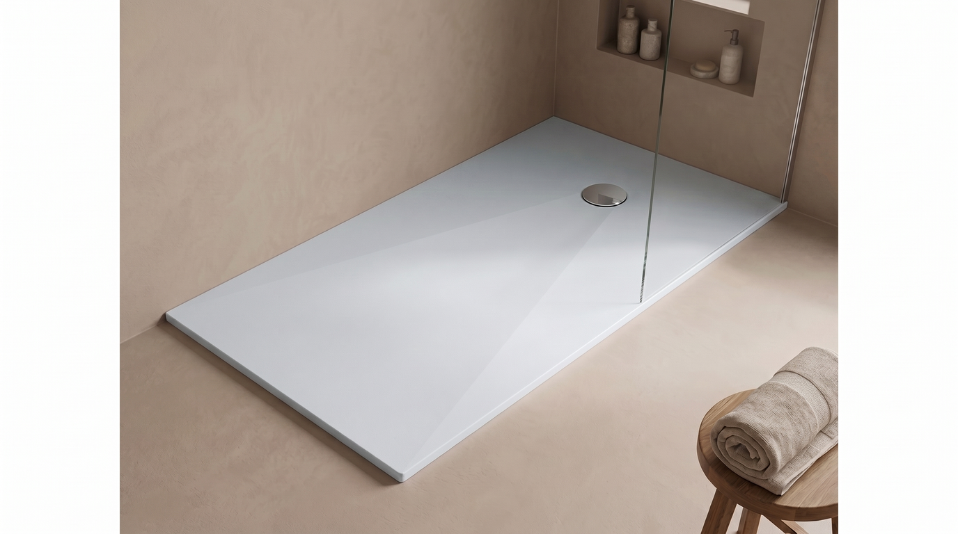 Marlan douchevloer 100×180 cm — inkortbaar tot 1400 mm in Marlan-kleur Blossom White, met chromen doucheafvoer in het standaard Ø 90 mm afvoergat
