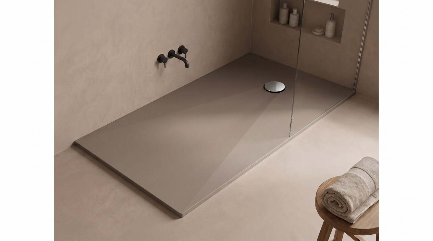 Marlan douchevloer 100×180 cm — inkortbaar tot 1400 mm in Marlan-kleur Mocha Grey, met chromen doucheafvoer in het standaard Ø 90 mm afvoergat