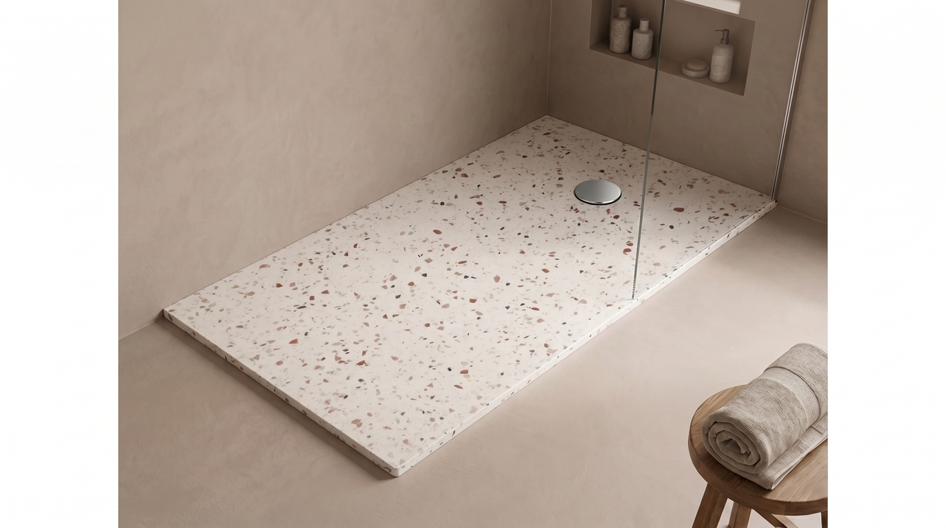 Marlan douchevloer 100×180 cm — inkortbaar tot 1400 mm in Marlan-kleur Terrazzo Pink, met chromen doucheafvoer in het standaard Ø 90 mm afvoergat