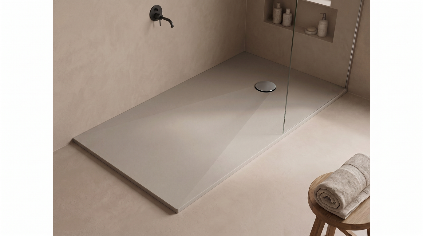 Marlan douchevloer 100×180 cm — inkortbaar tot 1400 mm in Marlan-kleur Warm Grey, met chromen doucheafvoer in het standaard Ø 90 mm afvoergat