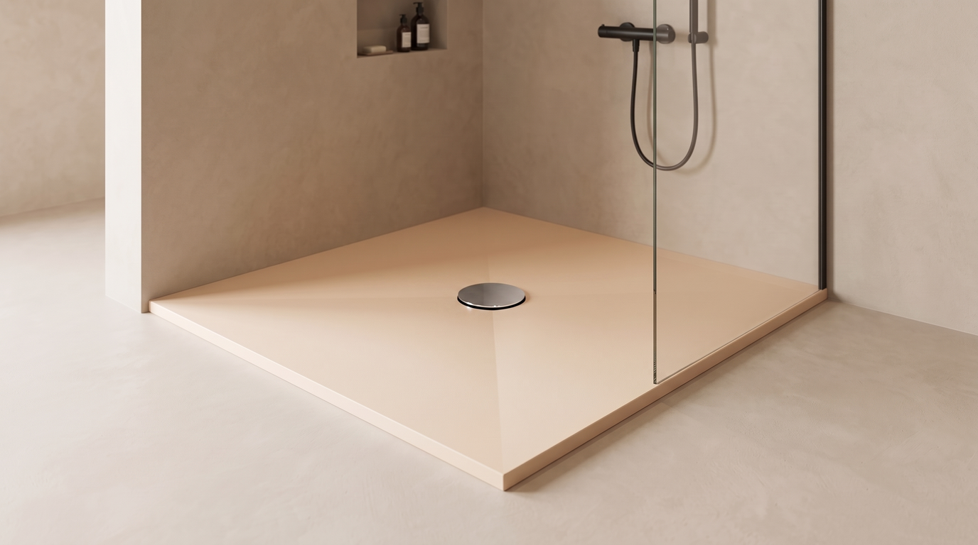 Douchevloer 120×120 — standaard afvoer in een lichte Marlan-kleur