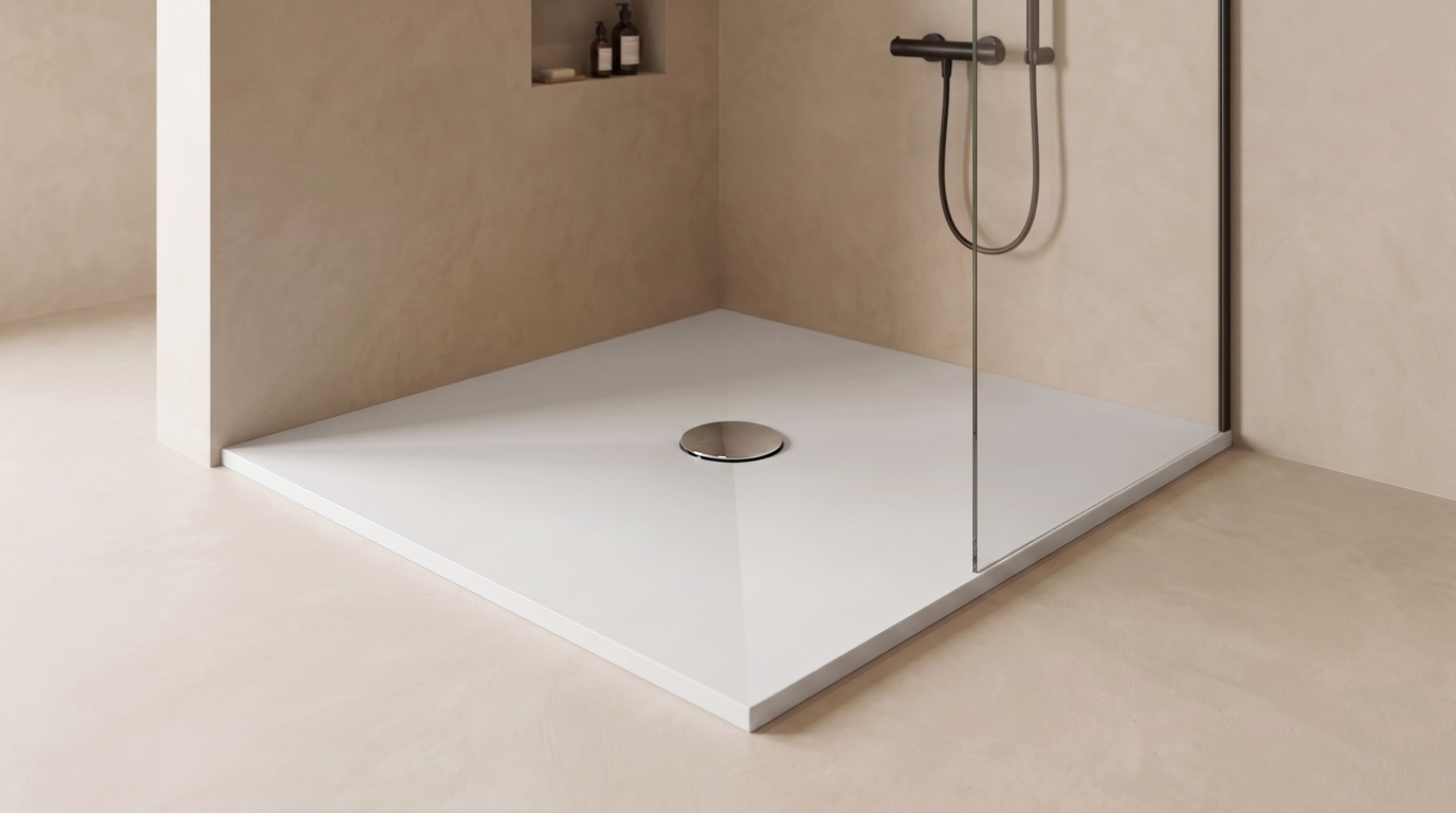 Marlan douchevloer 120×120 cm in Marlan-kleur Blossom White, met chromen doucheafvoer in het standaard Ø 90 mm afvoergat