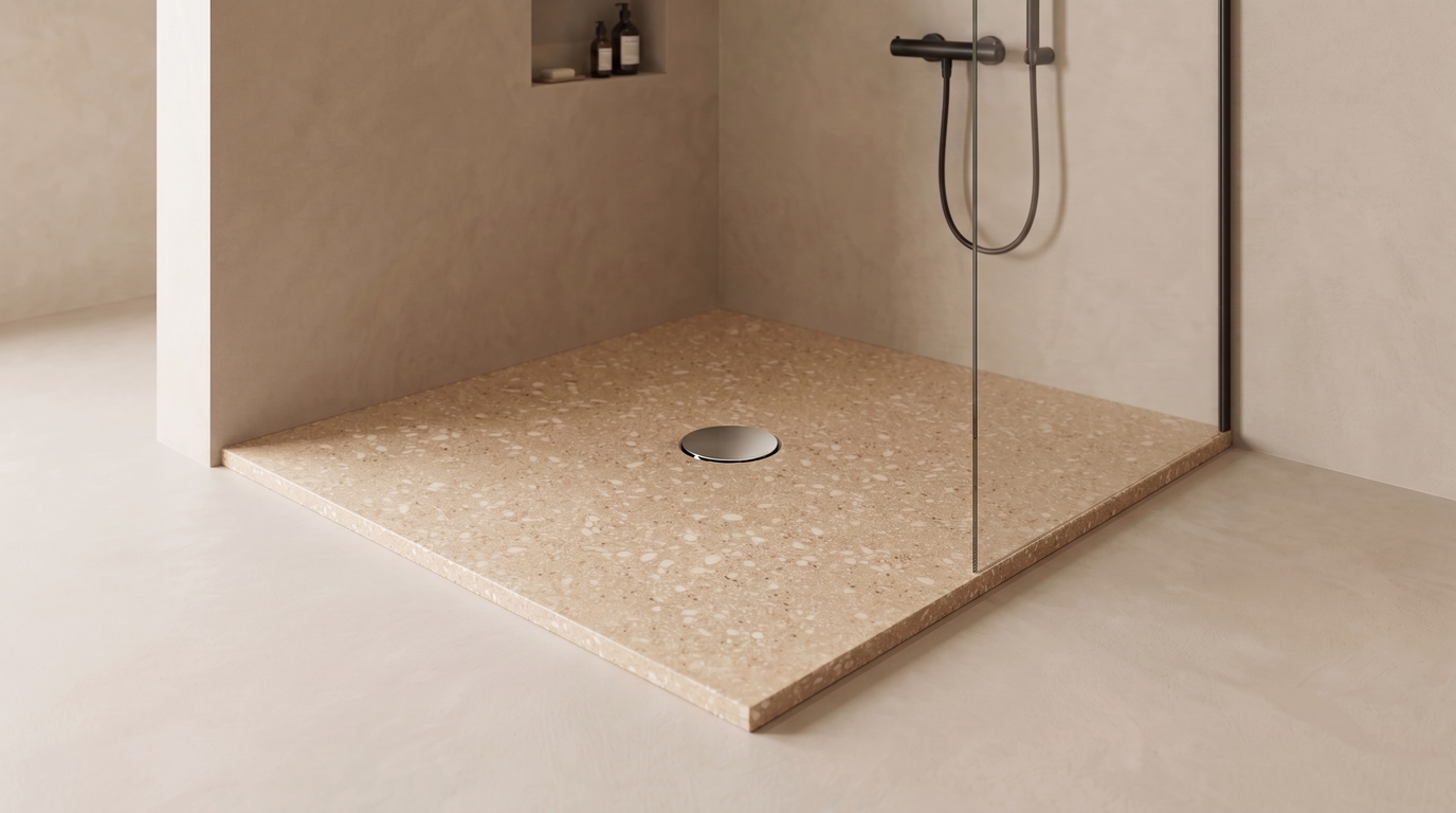 Marlan douchevloer 120×120 cm in Marlan-kleur Desert Rock, met chromen doucheafvoer in het standaard Ø 90 mm afvoergat