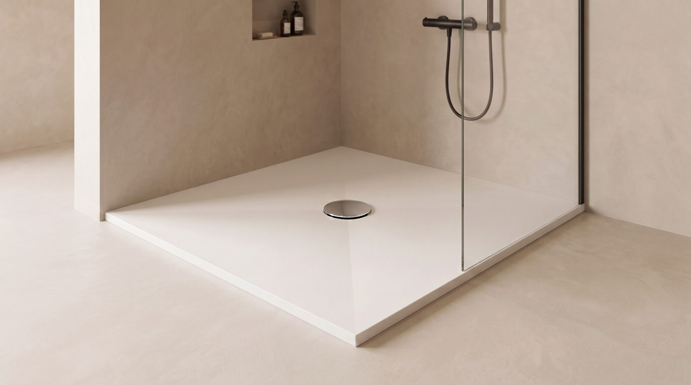 Marlan douchevloer 120×120 cm in Marlan-kleur Everest White, met chromen doucheafvoer in het standaard Ø 90 mm afvoergat