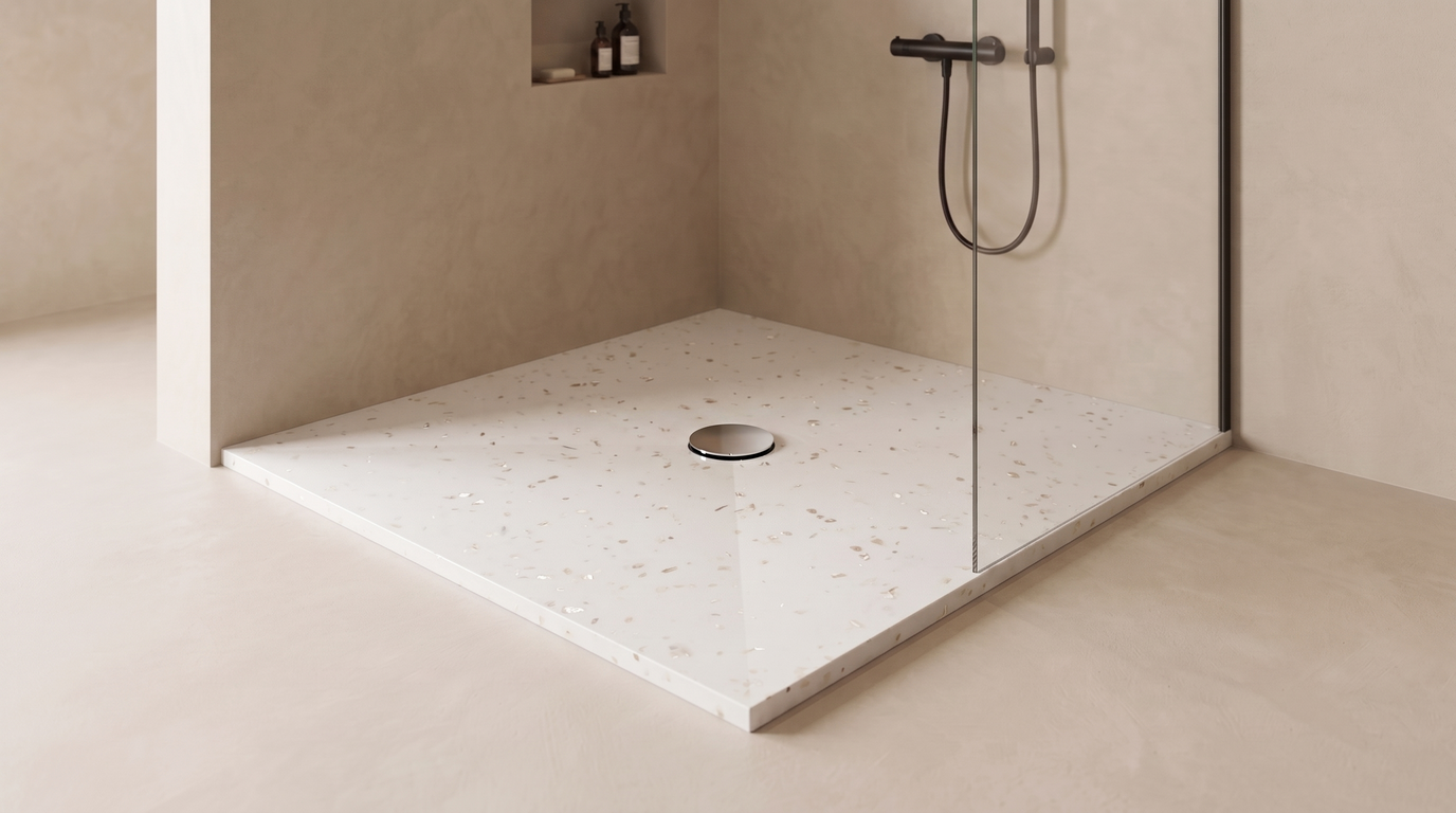 Marlan douchevloer 120×120 cm in Marlan-kleur Mother of Pearl, met chromen doucheafvoer in het standaard Ø 90 mm afvoergat