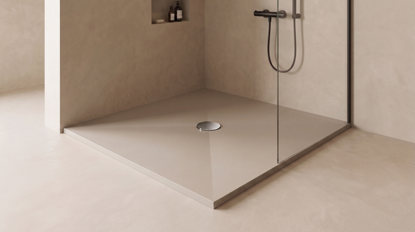 Marlan douchevloer 120×120 cm in Marlan-kleur Warm Grey, met chromen doucheafvoer in het standaard Ø 90 mm afvoergat
