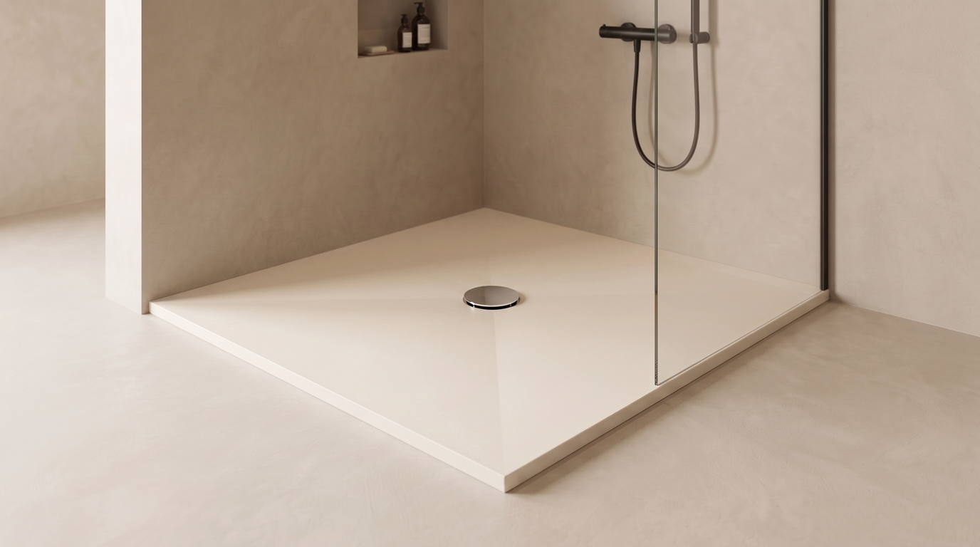 Marlan douchevloer 120×120 cm in Marlan-kleur White Linen, met chromen doucheafvoer in het standaard Ø 90 mm afvoergat