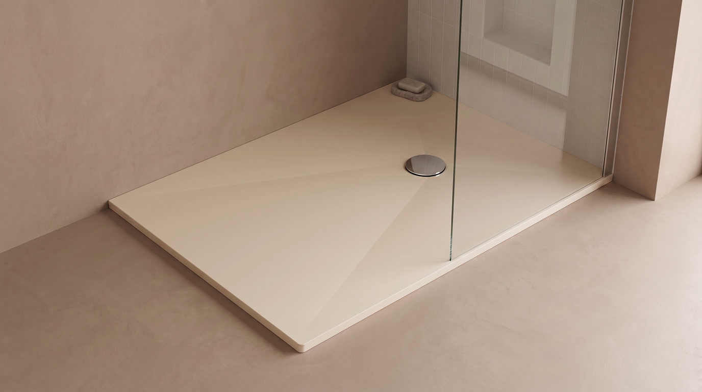 Marlan douchevloer 90×120 cm in Marlan-kleur Blanched Almond, met chromen doucheafvoer in het standaard Ø 90 mm afvoergat