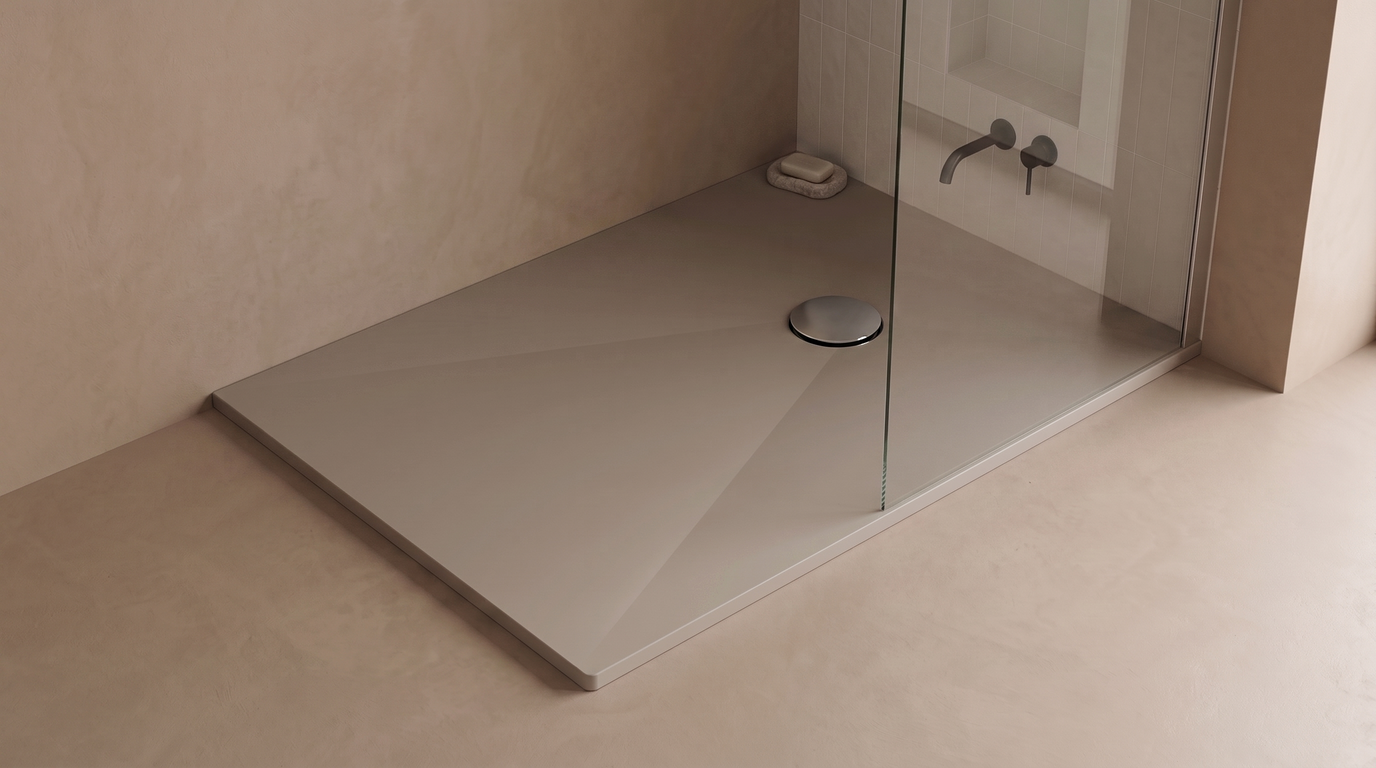 Marlan douchevloer 90×120 cm in Marlan-kleur Mocha Grey, met chromen doucheafvoer in het standaard Ø 90 mm afvoergat