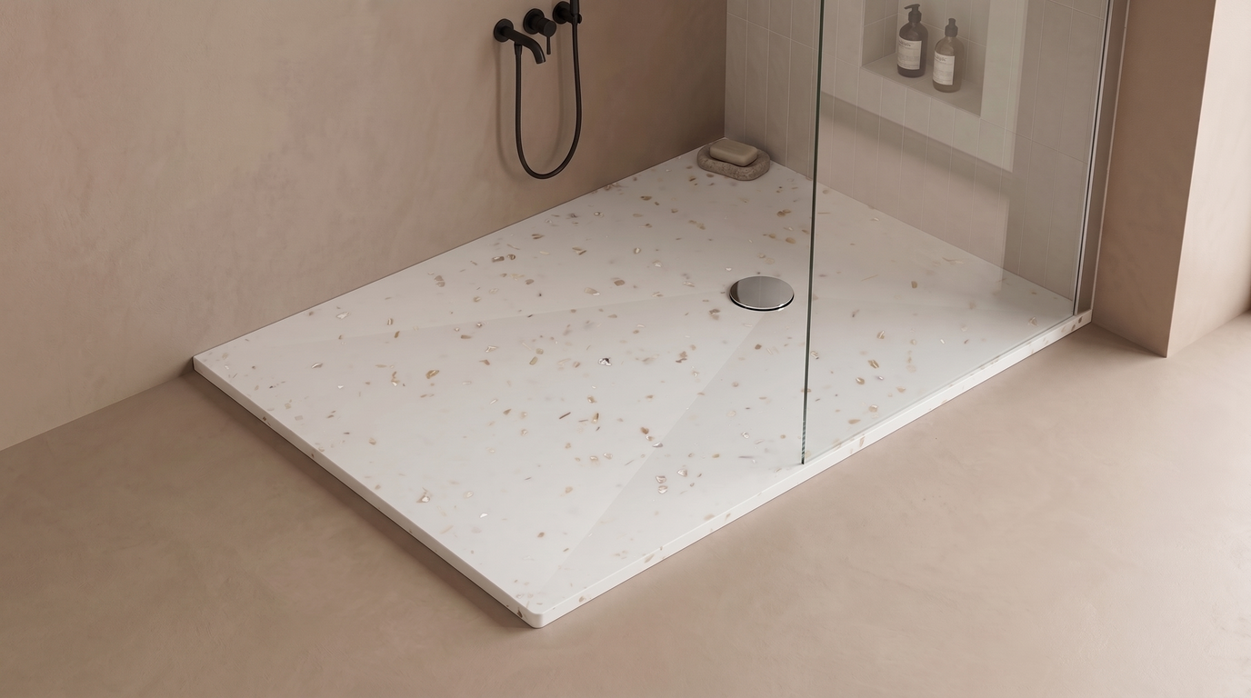 Marlan douchevloer 90×120 cm in Marlan-kleur Mother of Pearl, met chromen doucheafvoer in het standaard Ø 90 mm afvoergat