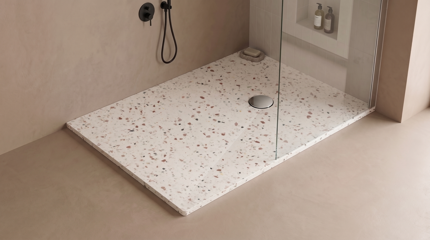 Marlan douchevloer 90×120 cm in Marlan-kleur Terrazzo Pink, met chromen doucheafvoer in het standaard Ø 90 mm afvoergat