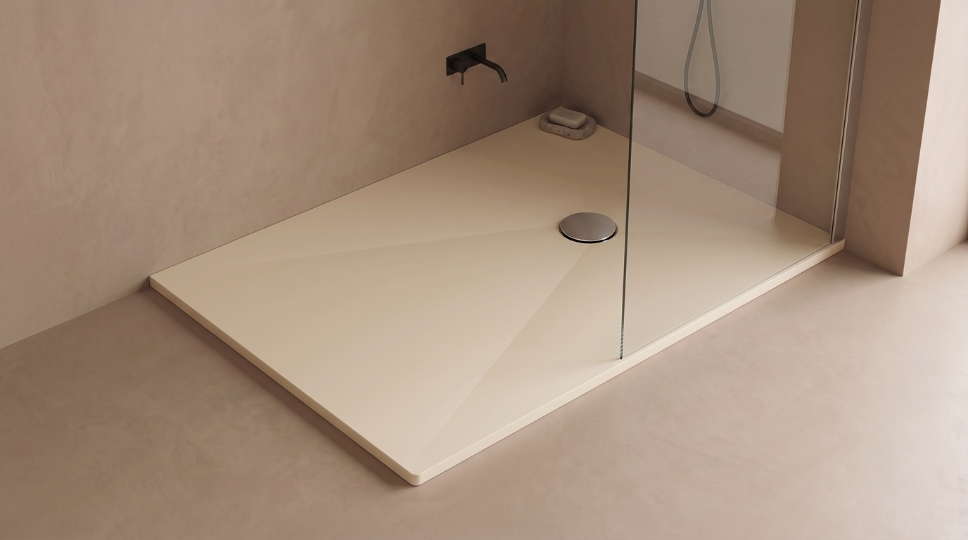 Marlan douchevloer 90×120 cm in Marlan-kleur Vanilla Cream, met chromen doucheafvoer in het standaard Ø 90 mm afvoergat