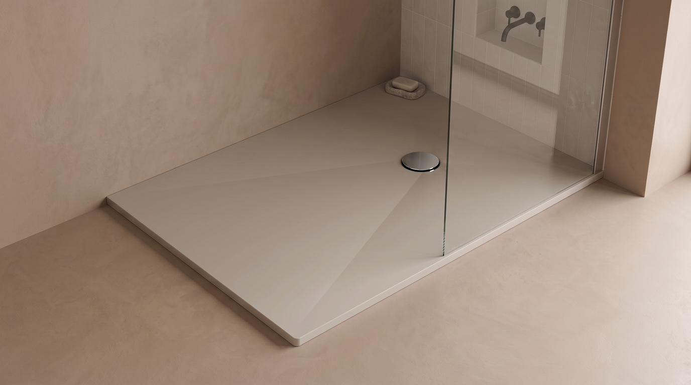 Marlan douchevloer 90×120 cm in Marlan-kleur Warm Grey, met chromen doucheafvoer in het standaard Ø 90 mm afvoergat