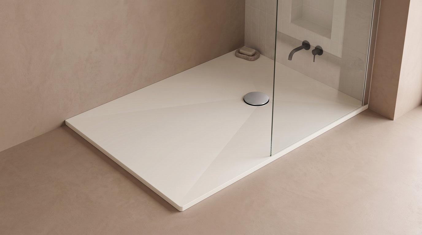 Marlan douchevloer 90×120 cm in Marlan-kleur White Linen, met chromen doucheafvoer in het standaard Ø 90 mm afvoergat